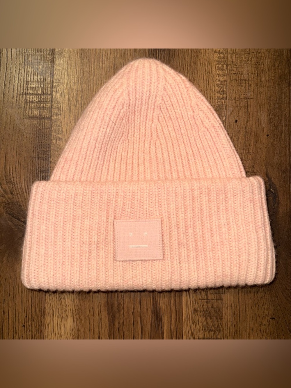 Acne Studios Large Face Logo Knit Winter Beanie Cap Pink 100% Wool